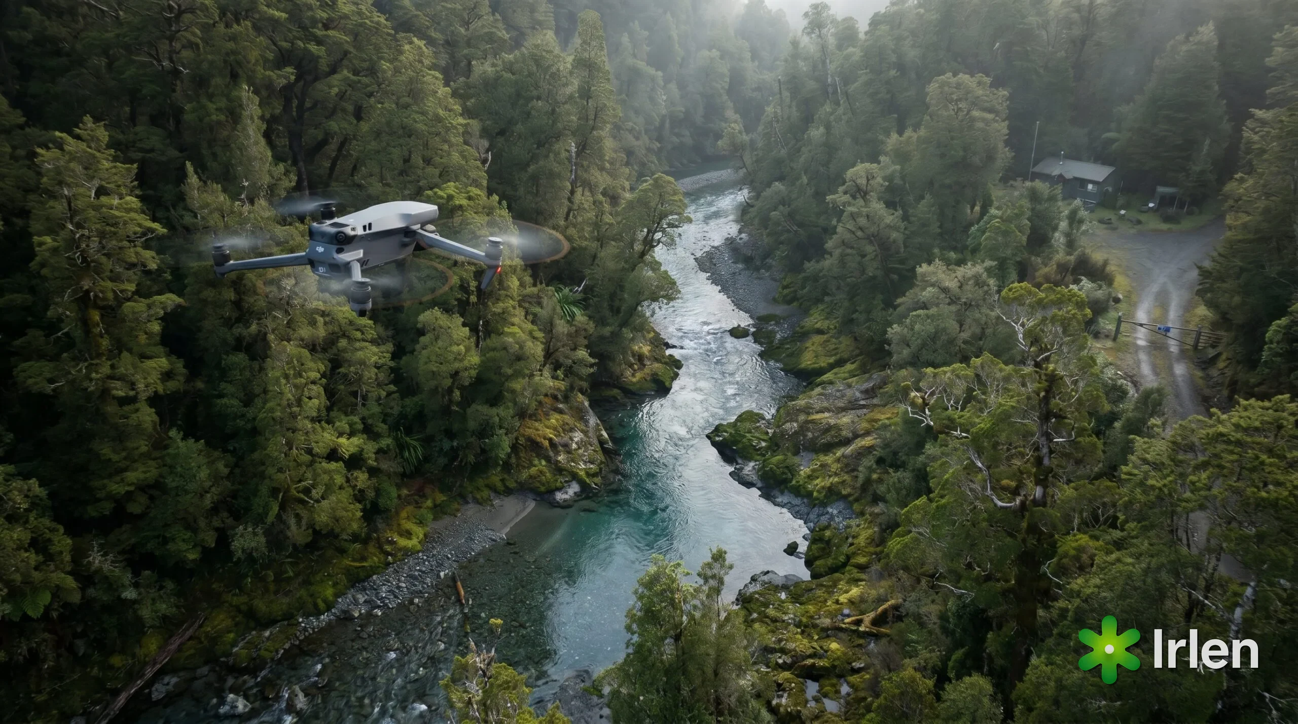 Drone sobrevoando uma area de conservacao verde com floresta densa e um rio