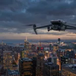 Drone pairando sobre a cidade com uma torre de controle de aeroporto ao fundo, area onde e proibido voar