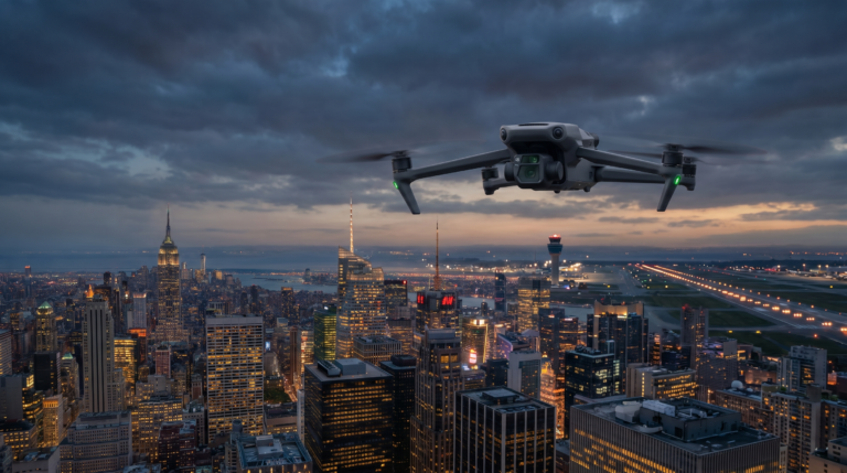 Drone pairando sobre a cidade com uma torre de controle de aeroporto ao fundo, area onde e proibido voar