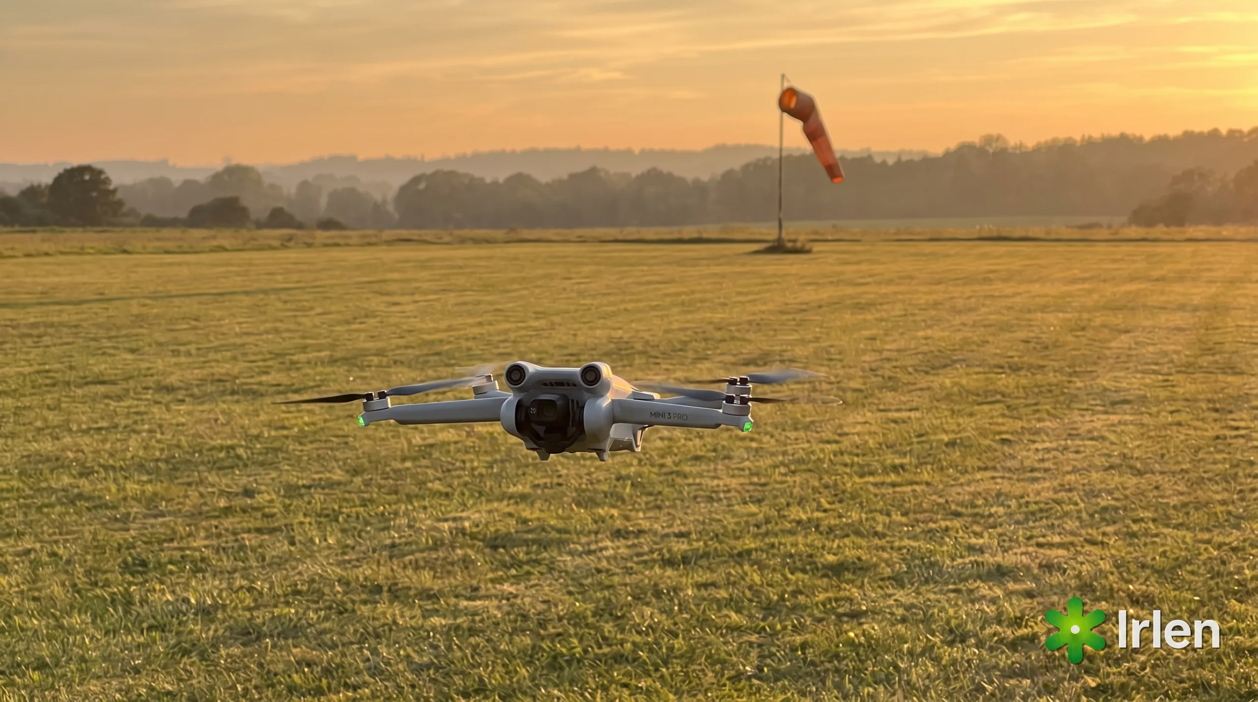 Drone leve voando baixo em um campo de aeromodelismo ao entardecer, longe de pessoas