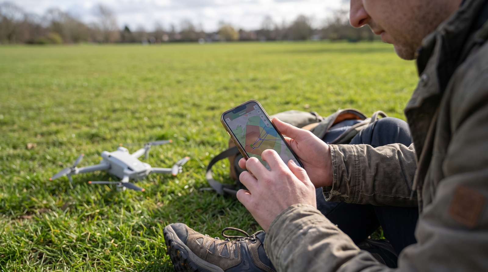 Pessoa consultando o app de mapa de espaco aereo com o drone leve pousado ao fundo