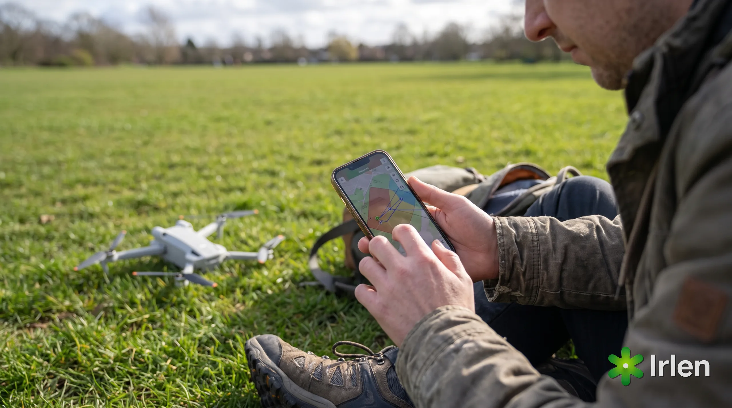 Pessoa consultando o app de mapa de espaco aereo com o drone leve pousado ao fundo