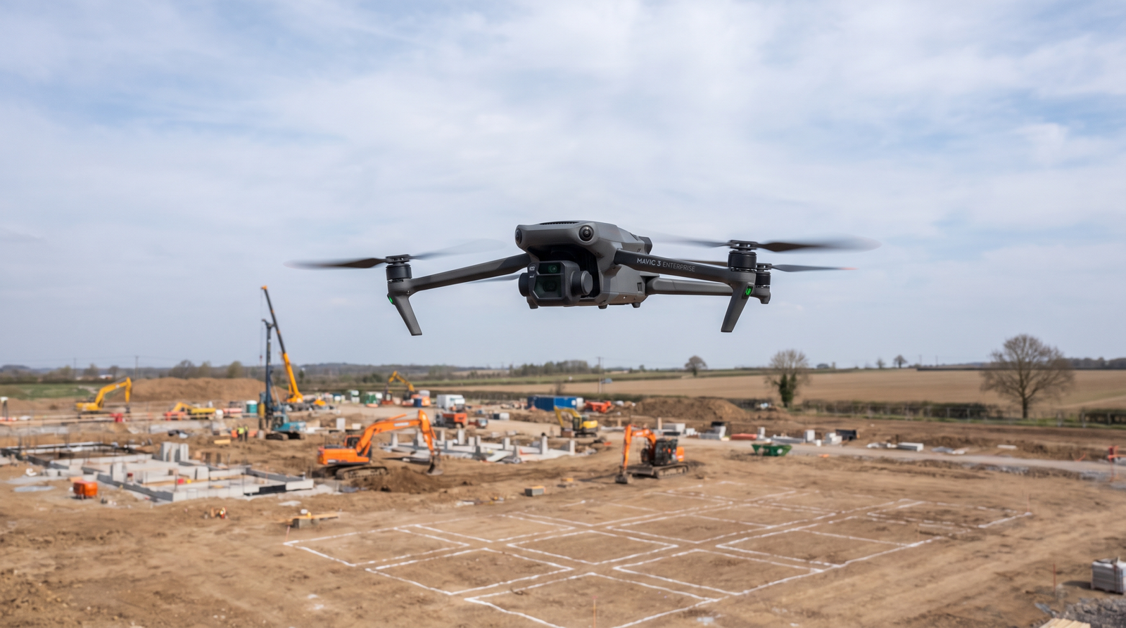 Drone DJI-style de mapeamento voando em grade sobre uma area aberta com canteiro de obras