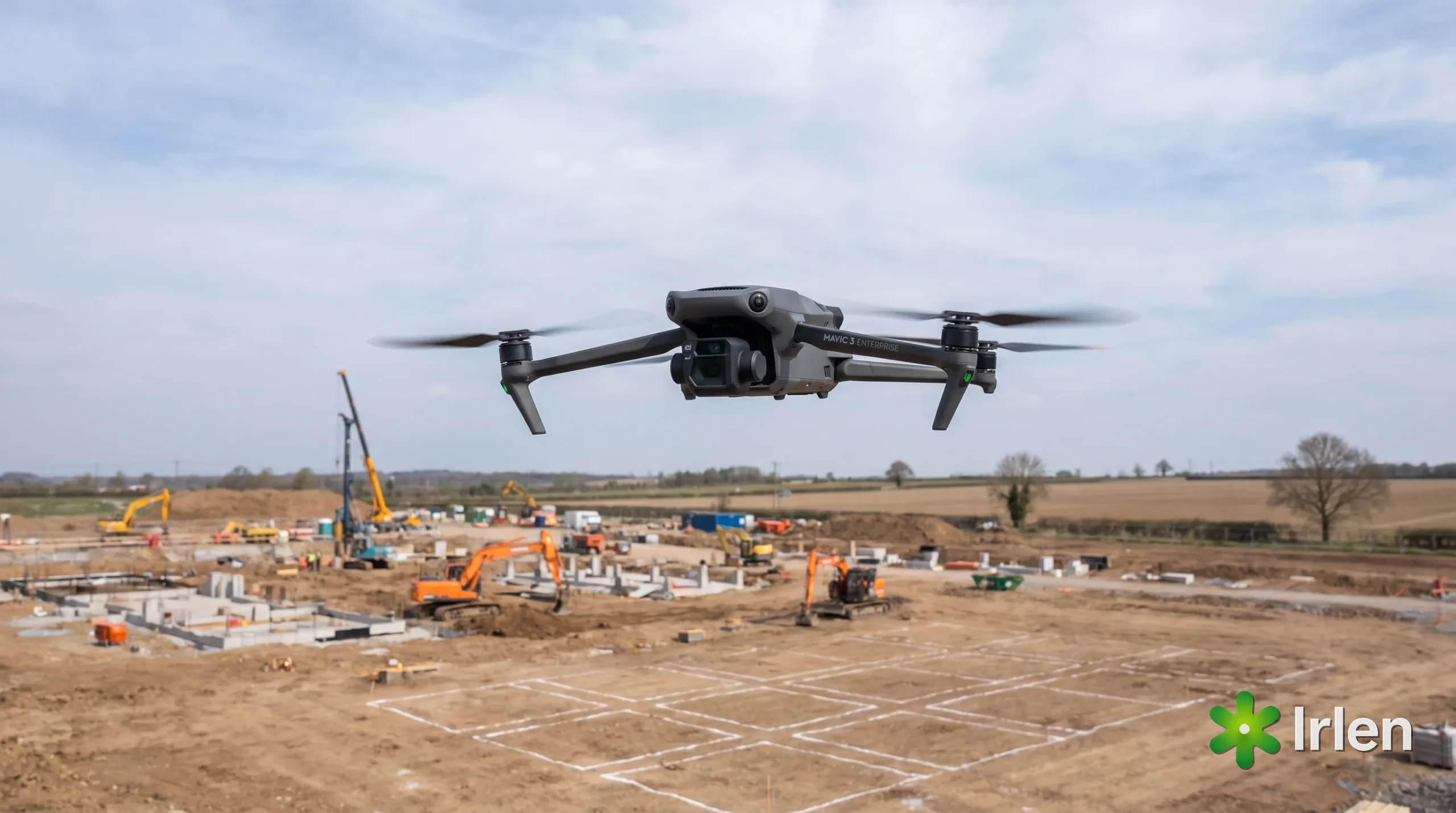 Drone DJI-style de mapeamento voando em grade sobre uma area aberta com canteiro de obras