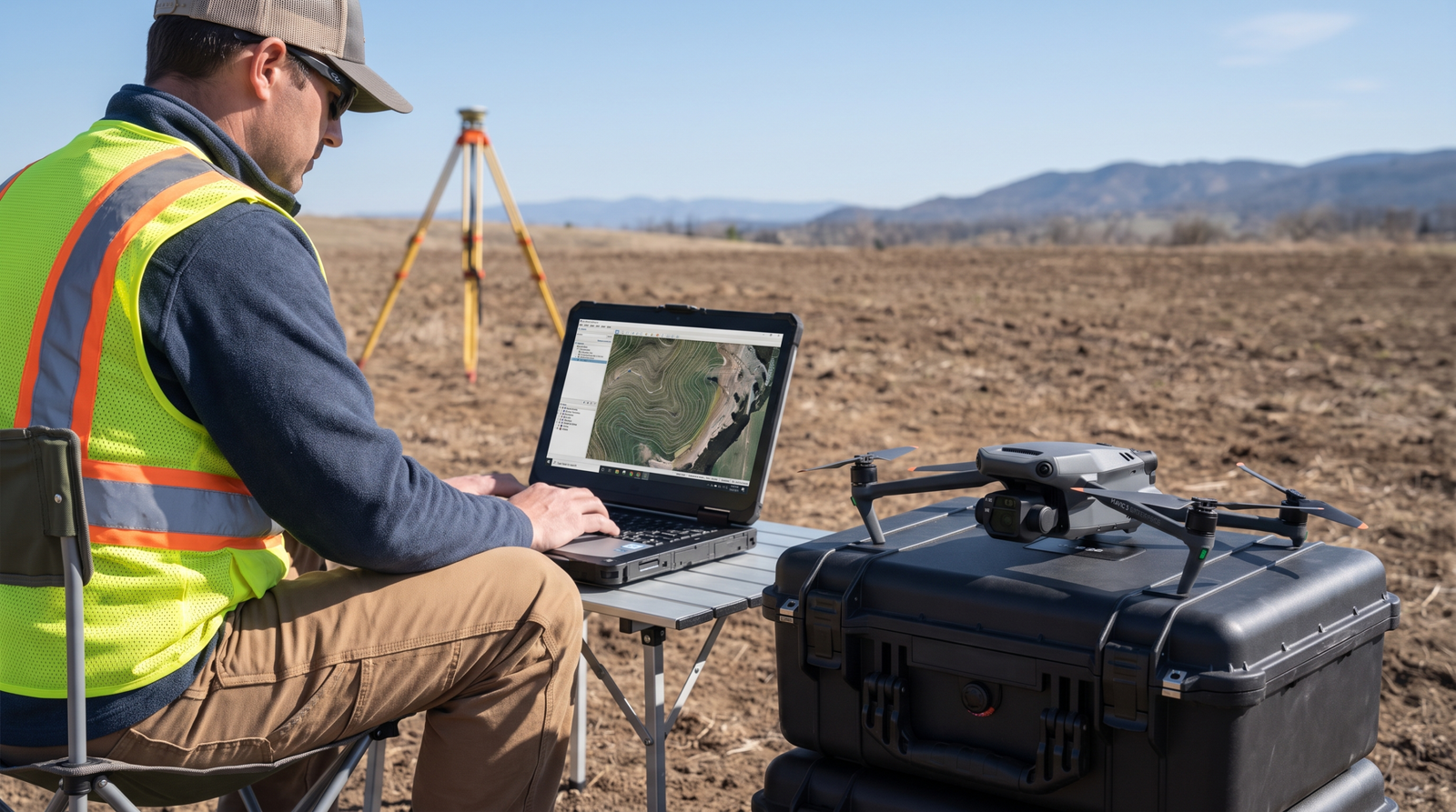 Engenheiro analisando o ortomosaico com curvas de nivel no notebook em campo, drone ao lado