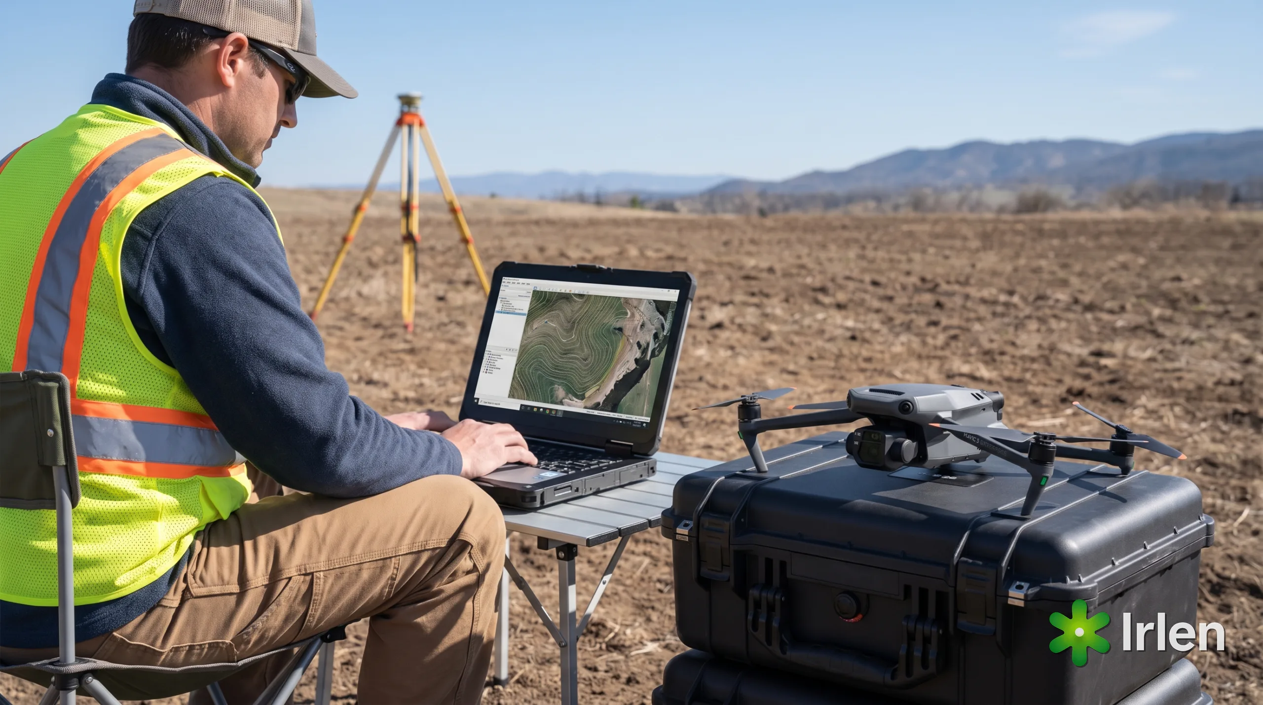 Engenheiro analisando o ortomosaico com curvas de nivel no notebook em campo, drone ao lado