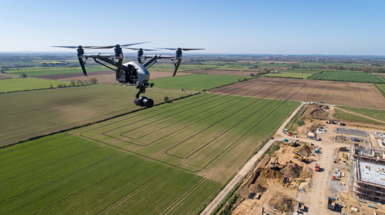 Drone profissional de mapeamento sobrevoando area aberta em grade para gerar o ortomosaico