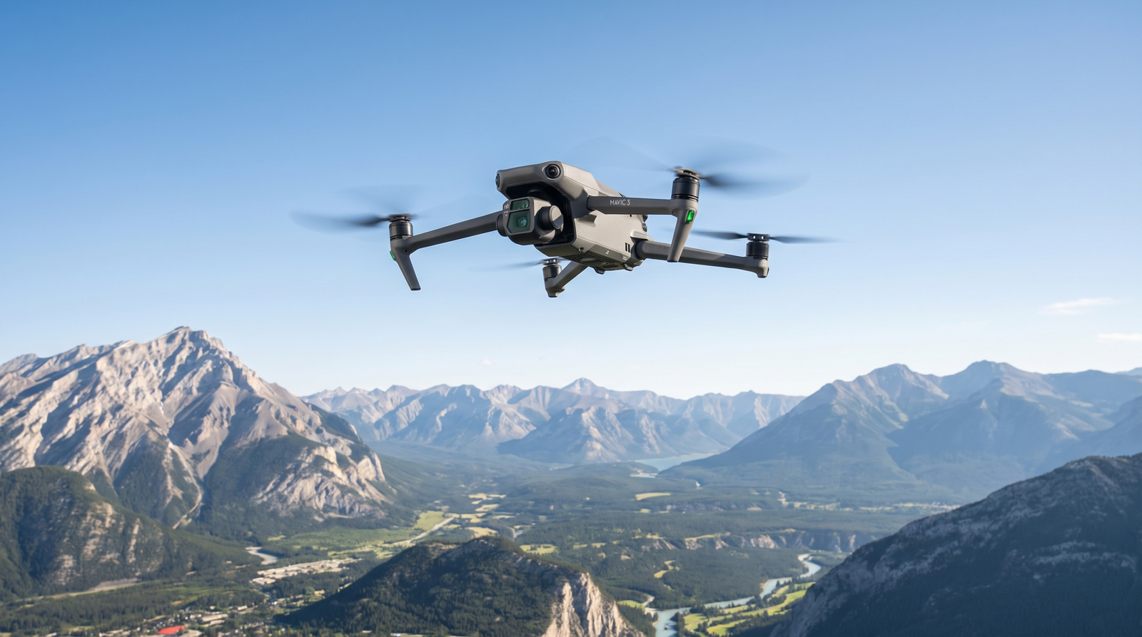Drone DJI-style pairando alto sobre uma paisagem cenica capturando um panorama