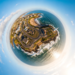 Foto com efeito little planet de uma cidade litoranea com o horizonte curvado em um pequeno planeta