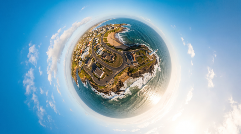 Foto com efeito little planet de uma cidade litoranea com o horizonte curvado em um pequeno planeta