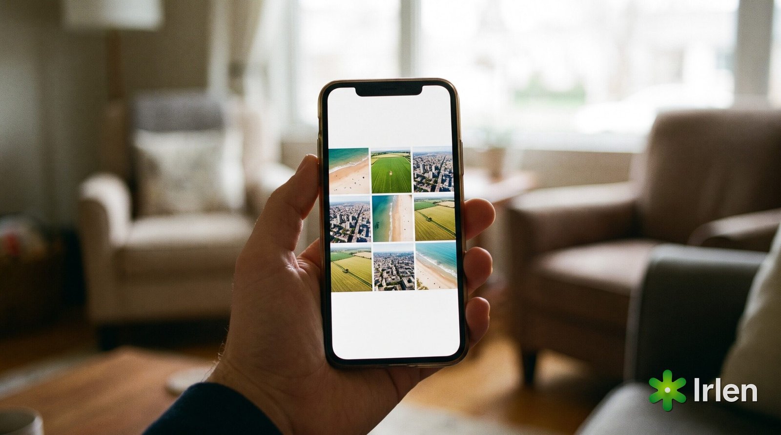 Portfólio de fotos aéreas em grade na tela do celular