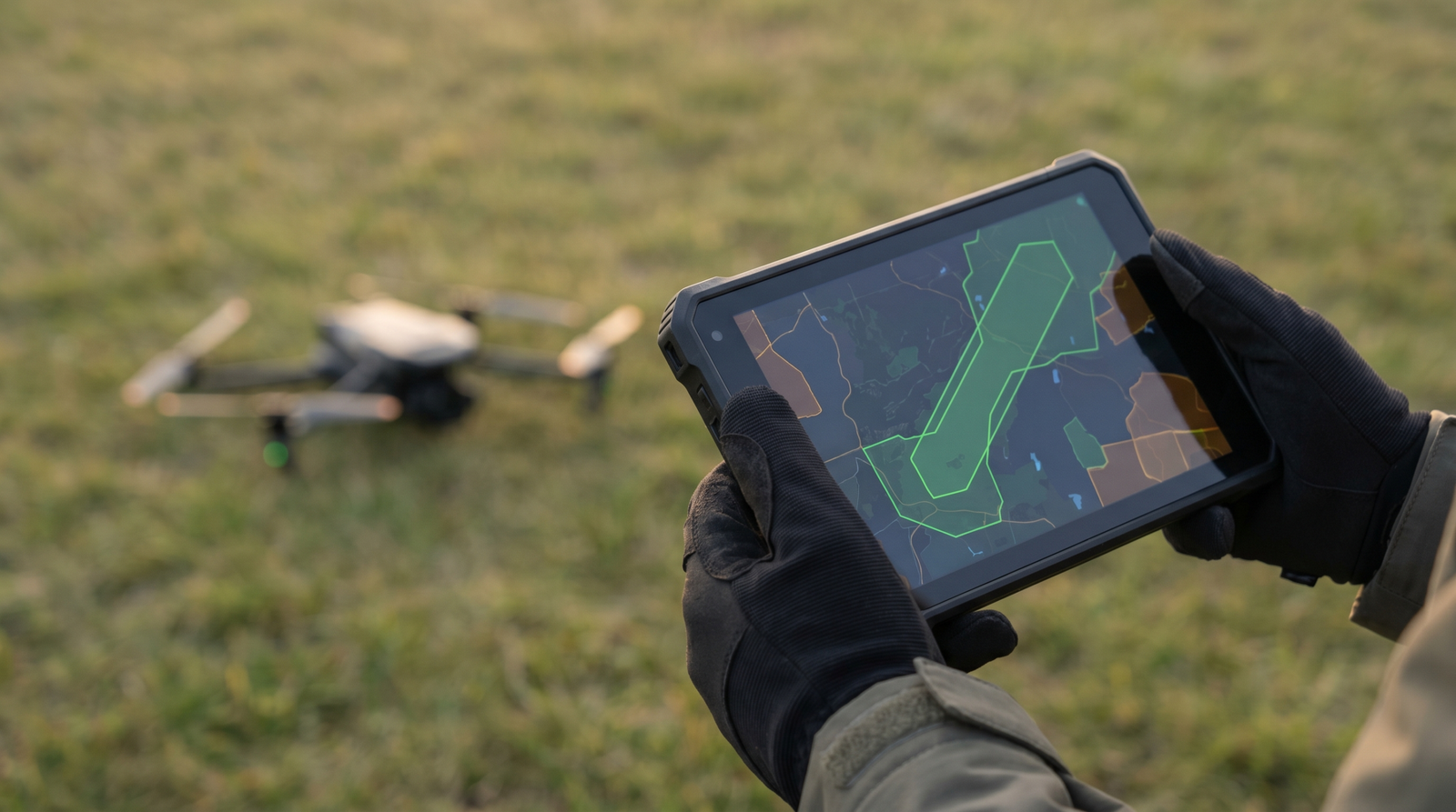Maos do piloto com um tablet mostrando o mapa de espaco aereo e a area de voo destacada antes de solicitar