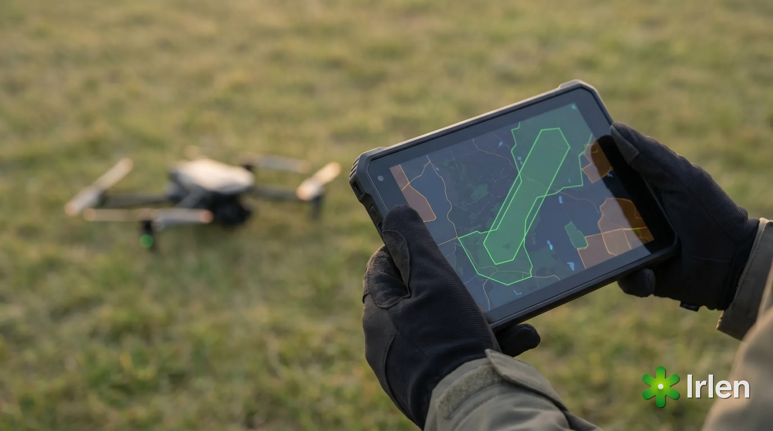 Maos do piloto com um tablet mostrando o mapa de espaco aereo e a area de voo destacada antes de solicitar