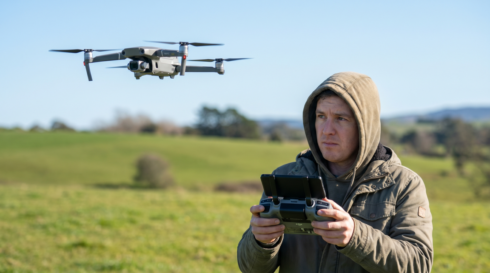 Iniciante segurando o controle e aprendendo a voar um drone num campo aberto