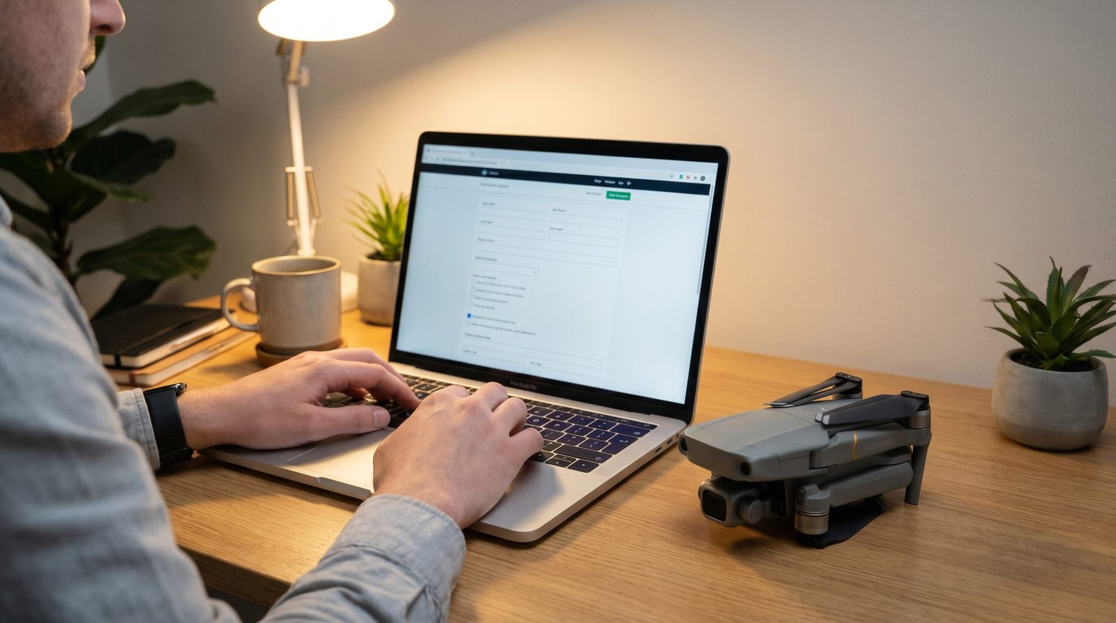 Pessoa cadastrando o drone em um formulario online no notebook, com o drone ao lado