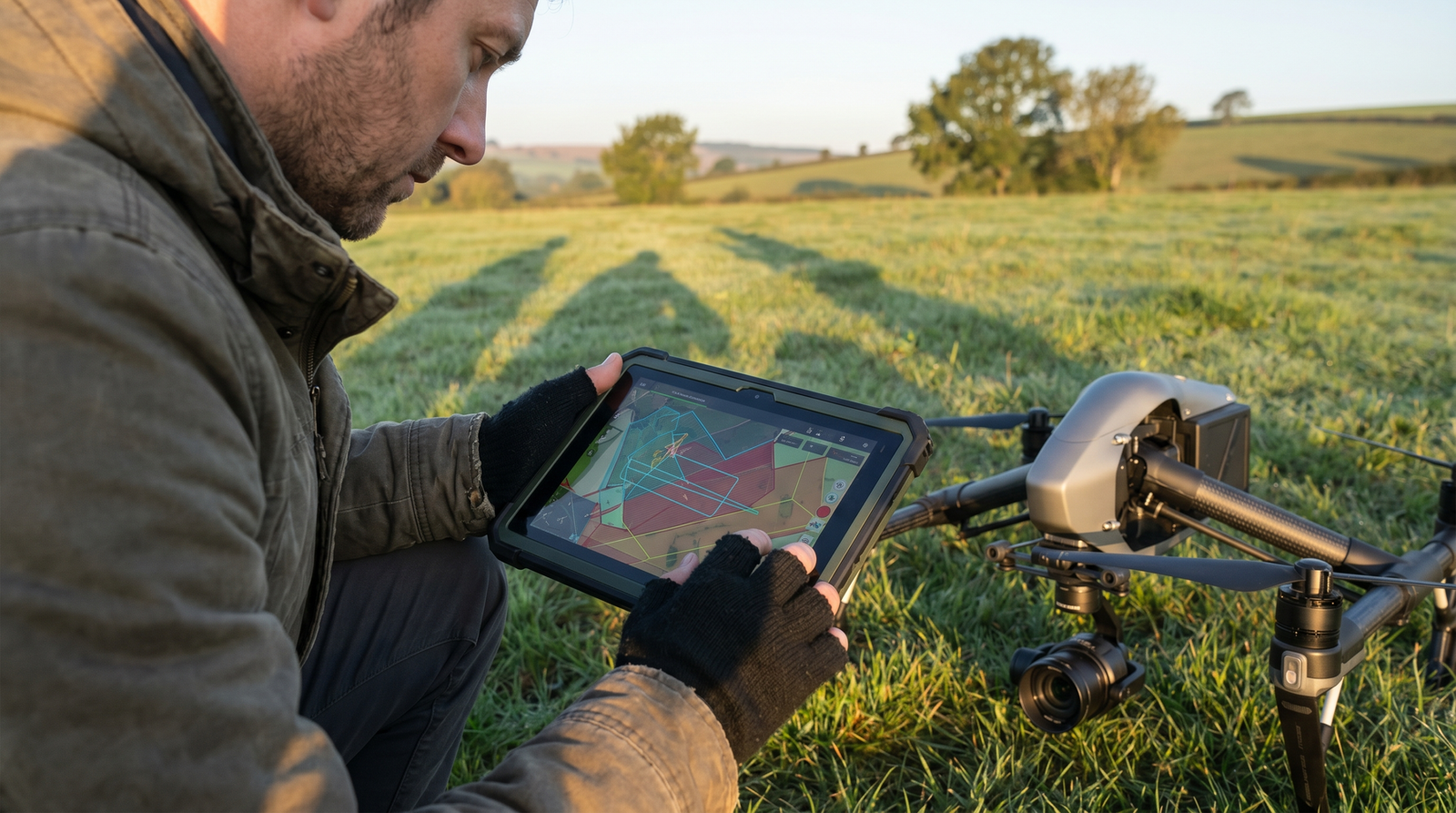 Operador conferindo a autorizacao de espaco aereo no tablet ao lado de um drone grande