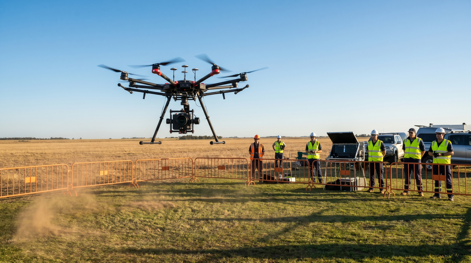 Drone profissional grande decolando de um campo demarcado em operacao planejada