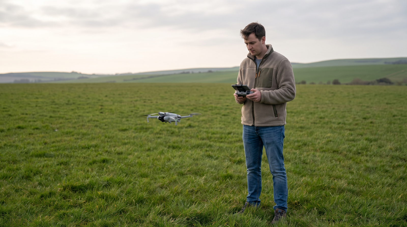 Pessoa iniciante em um campo aberto com o controle e um drone DJI-style pairando baixo