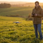 Pessoa em um campo aberto segurando o controle com um drone pairando baixo a frente ao entardecer