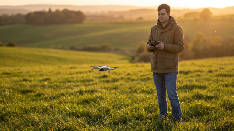 Pessoa em um campo aberto segurando o controle com um drone pairando baixo a frente ao entardecer