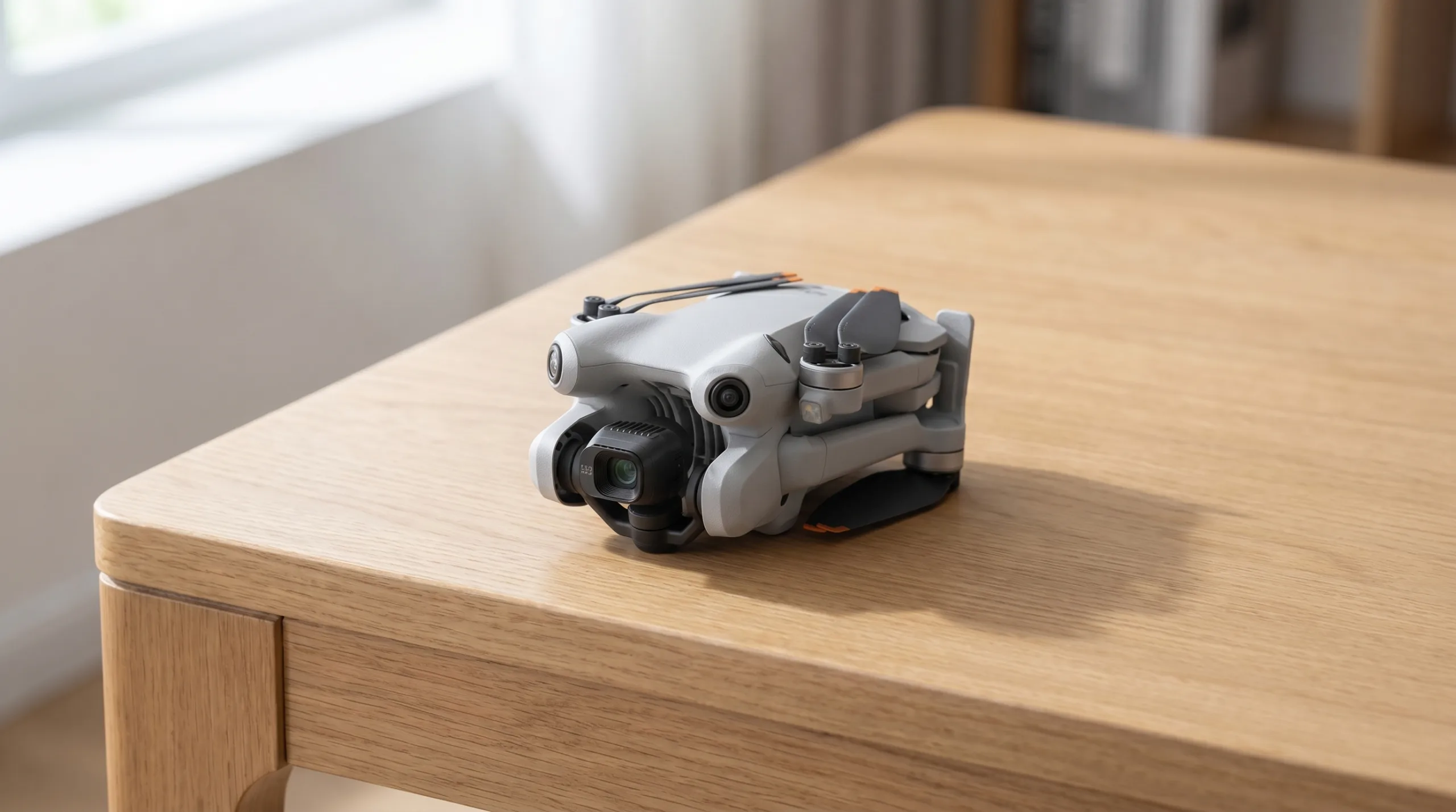 Drone DJI Mini dobrado guardado sobre uma mesa