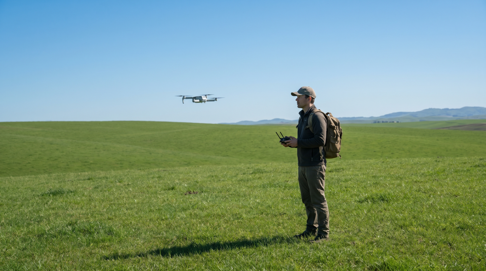 Piloto voando um drone em campo aberto dentro das regras da categoria Aberta, em linha de visada