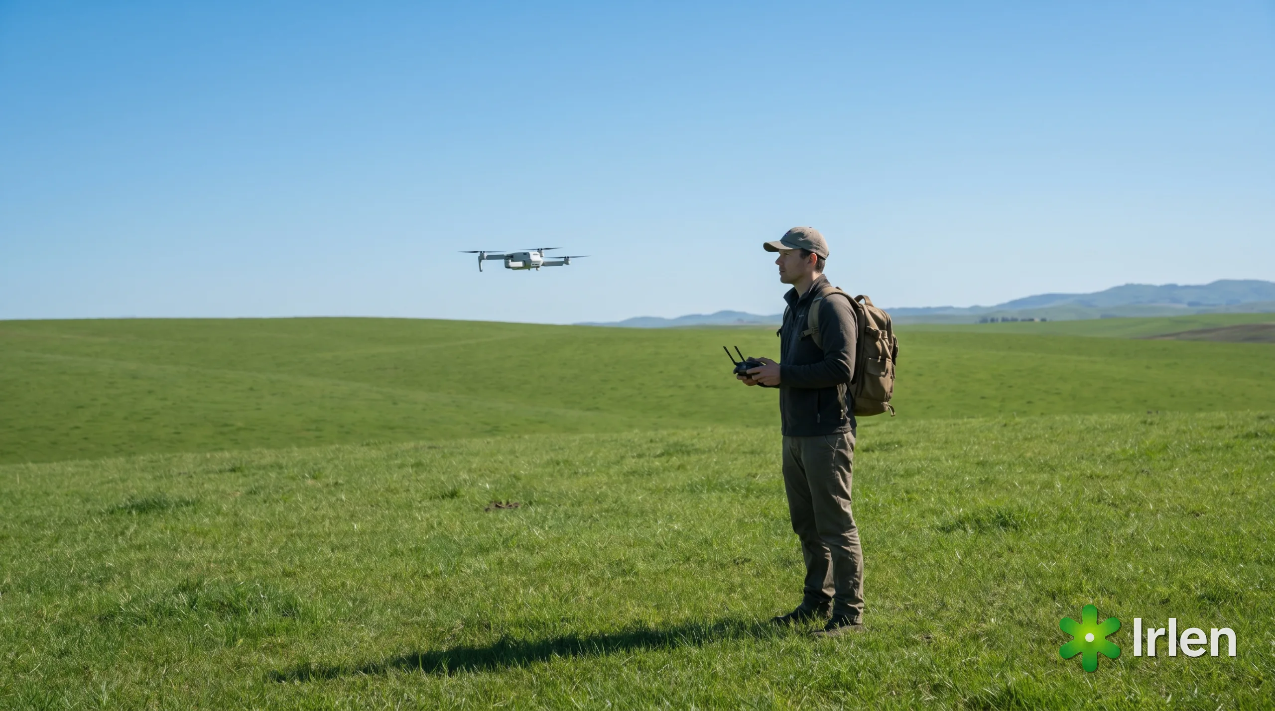 Piloto voando um drone em campo aberto dentro das regras da categoria Aberta, em linha de visada