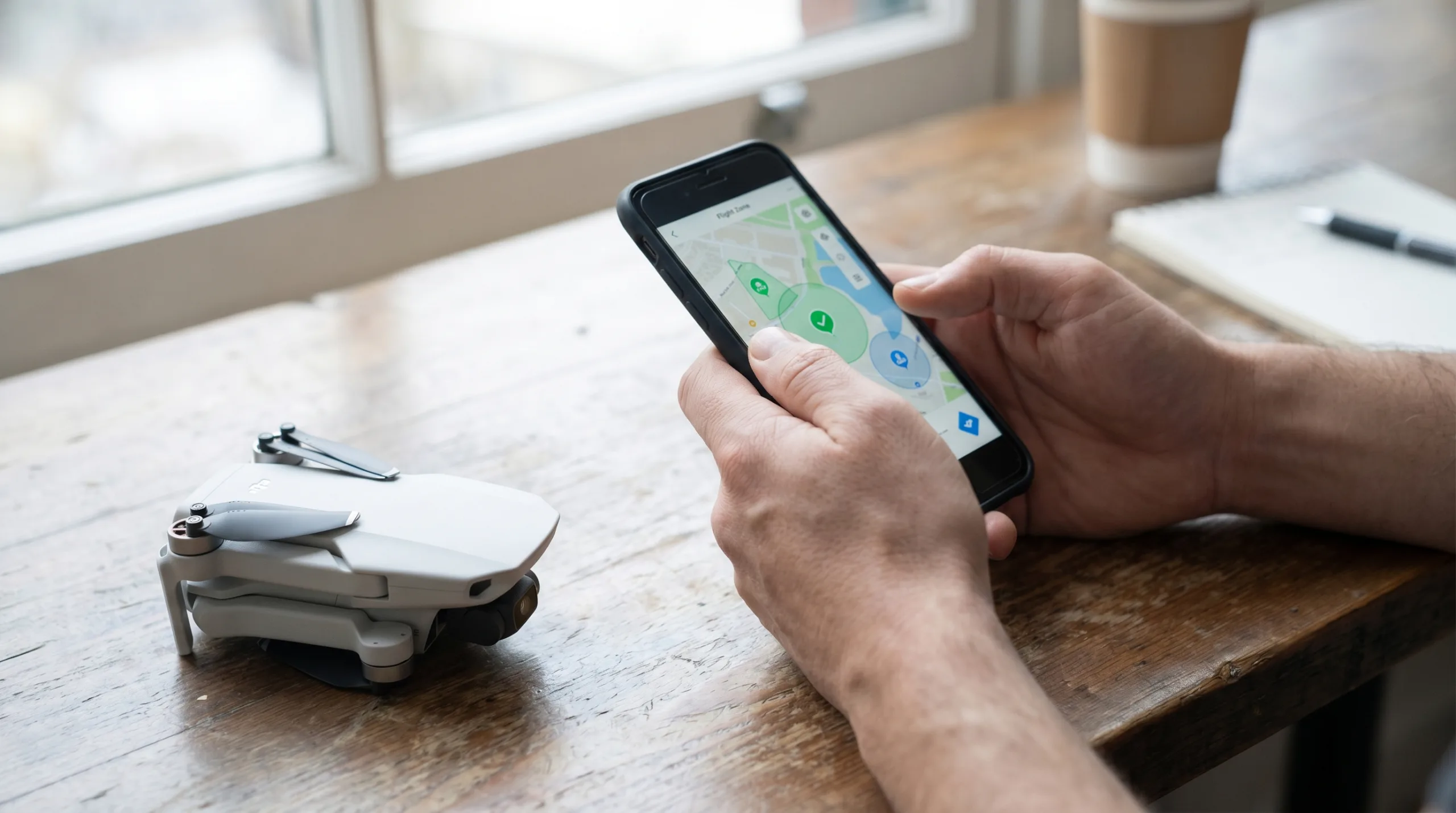 Pessoa usando o celular para cadastrar e autorizar o drone, com o aparelho ao lado na mesa