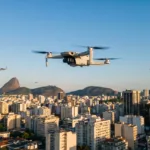 Drone sobrevoando uma cidade brasileira em espaco aereo regulado, ilustrando as regras de drone em 2026