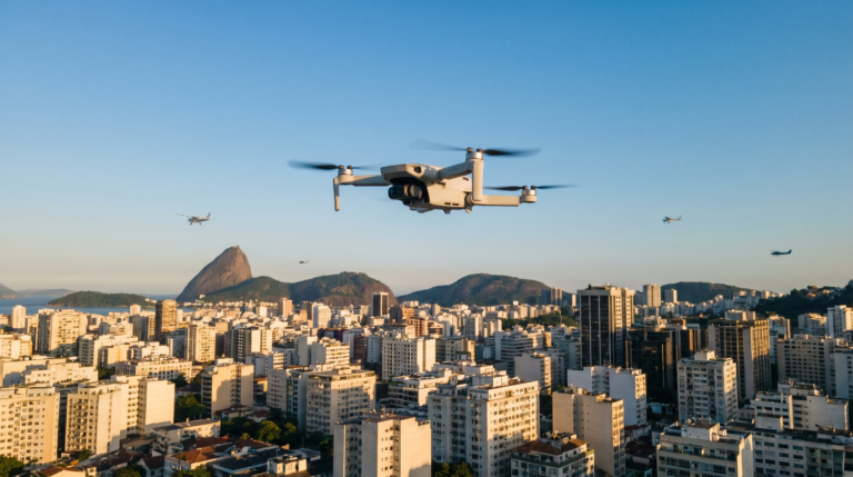 Drone sobrevoando uma cidade brasileira em espaco aereo regulado, ilustrando as regras de drone em 2026