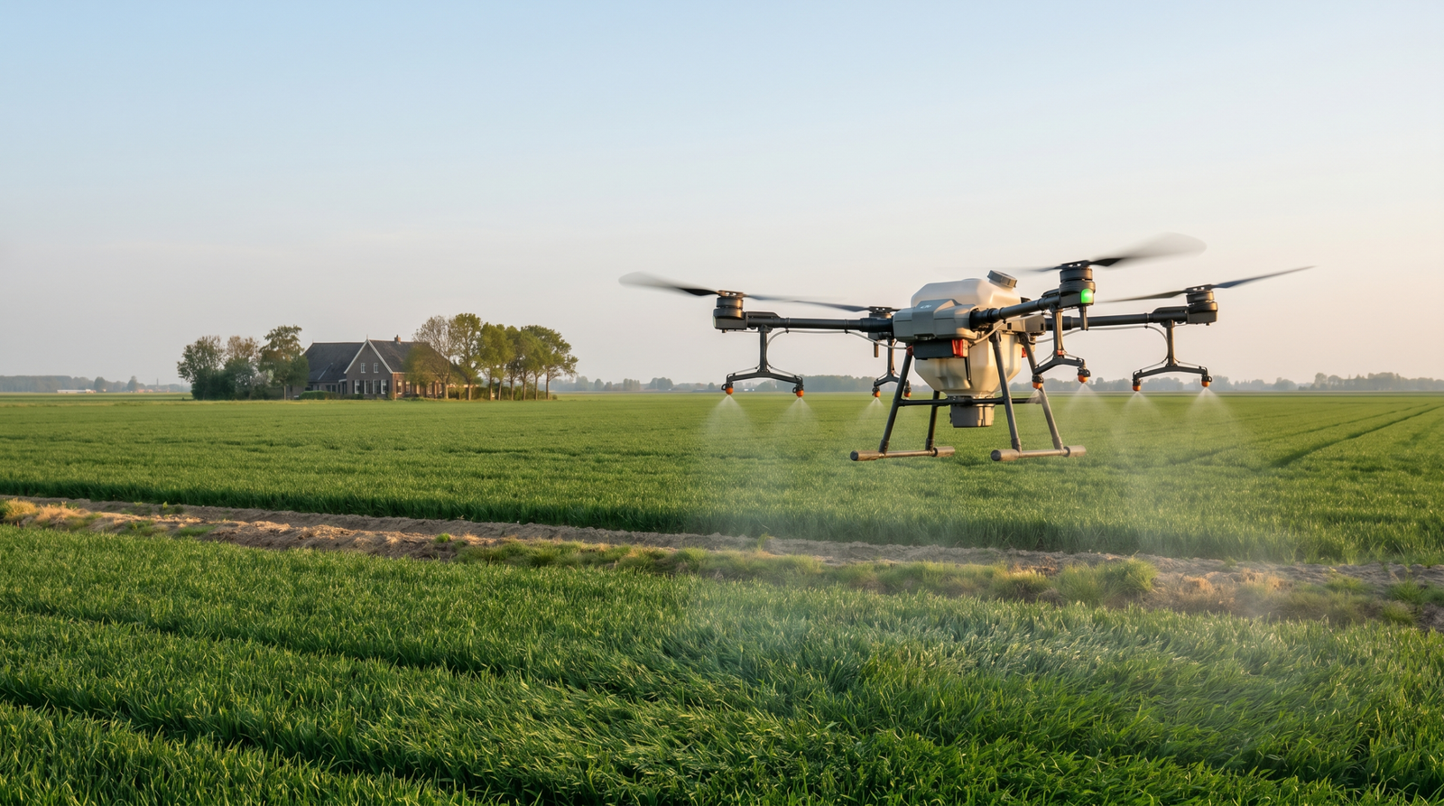 Drone agrícola operando com distância de segurança até uma casa de fazenda ao fundo