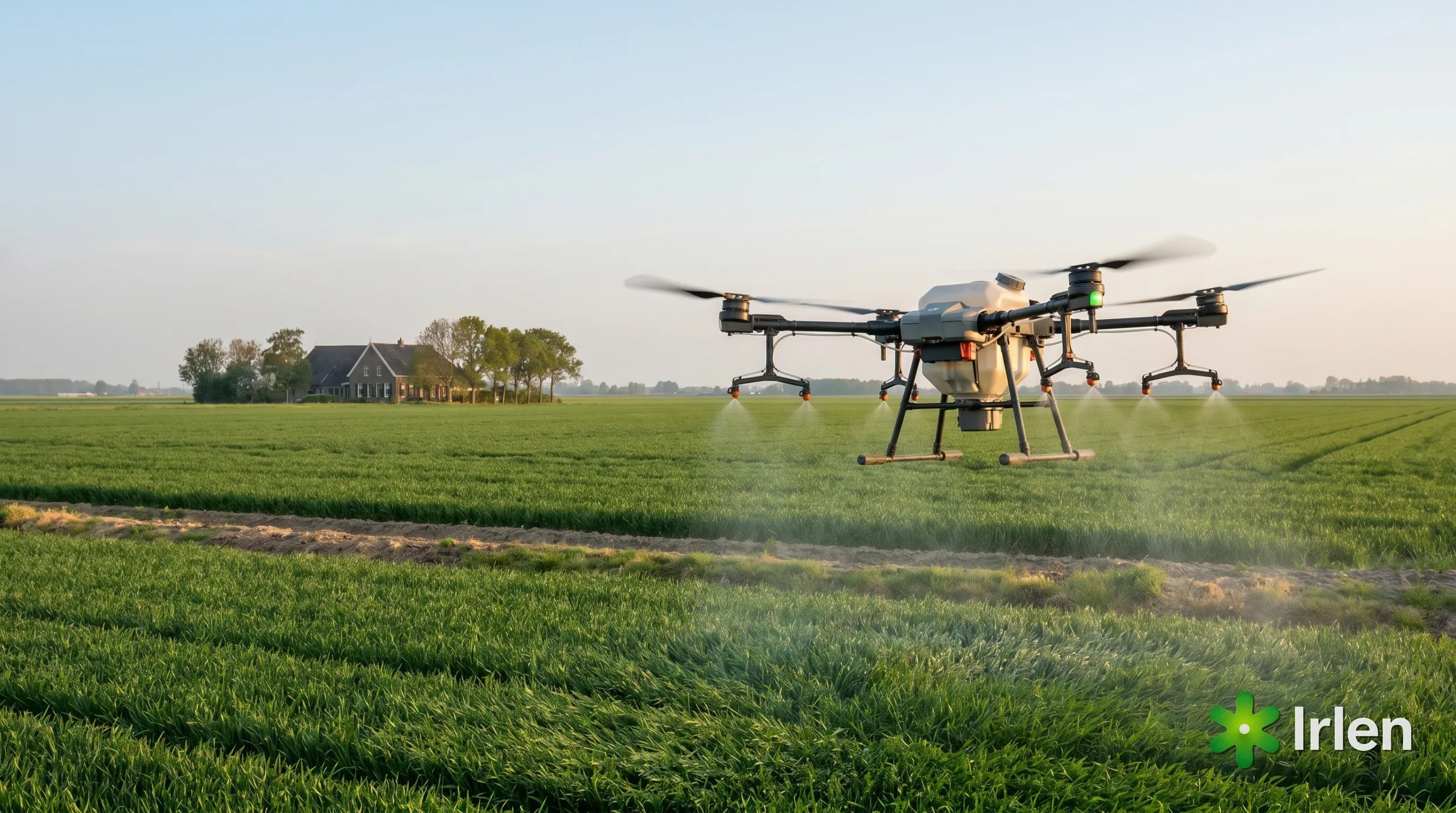 Drone agrícola operando com distância de segurança até uma casa de fazenda ao fundo