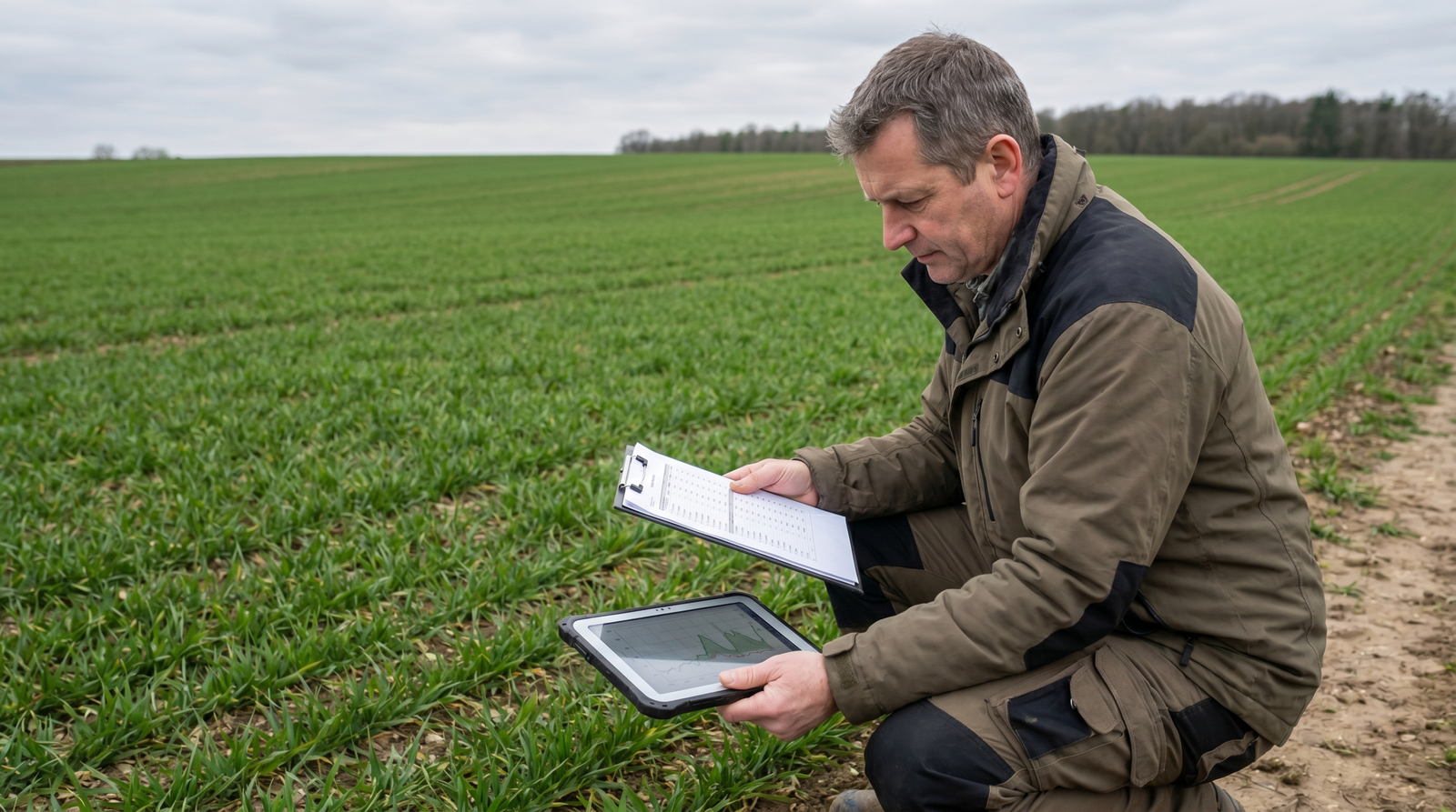 Engenheiro agrônomo conferindo o receituário ao lado de um tablet na lavoura