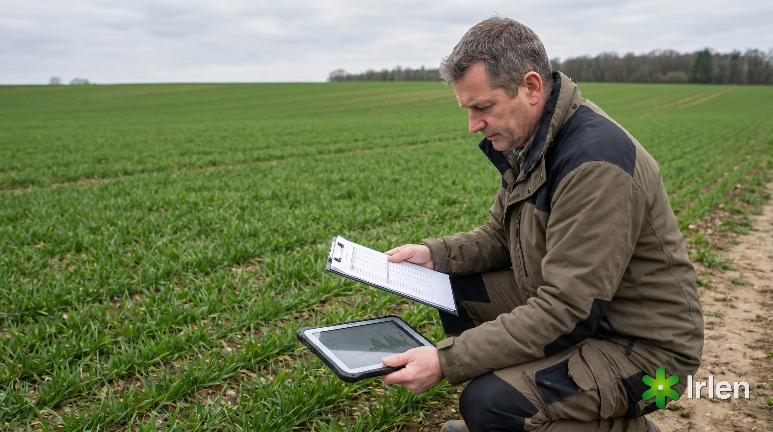 Engenheiro agrônomo conferindo o receituário ao lado de um tablet na lavoura