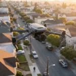 Drone profissional voando sobre um bairro residencial ao entardecer, ilustrando o risco a terceiros coberto pelo seguro