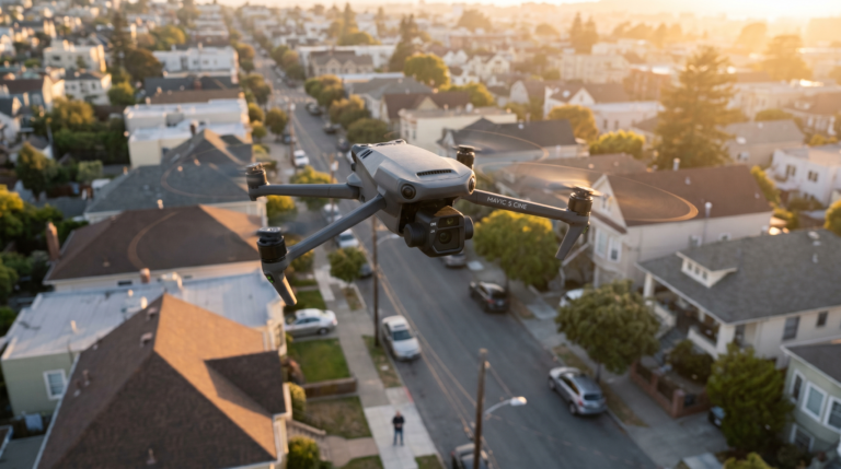 Drone profissional voando sobre um bairro residencial ao entardecer, ilustrando o risco a terceiros coberto pelo seguro