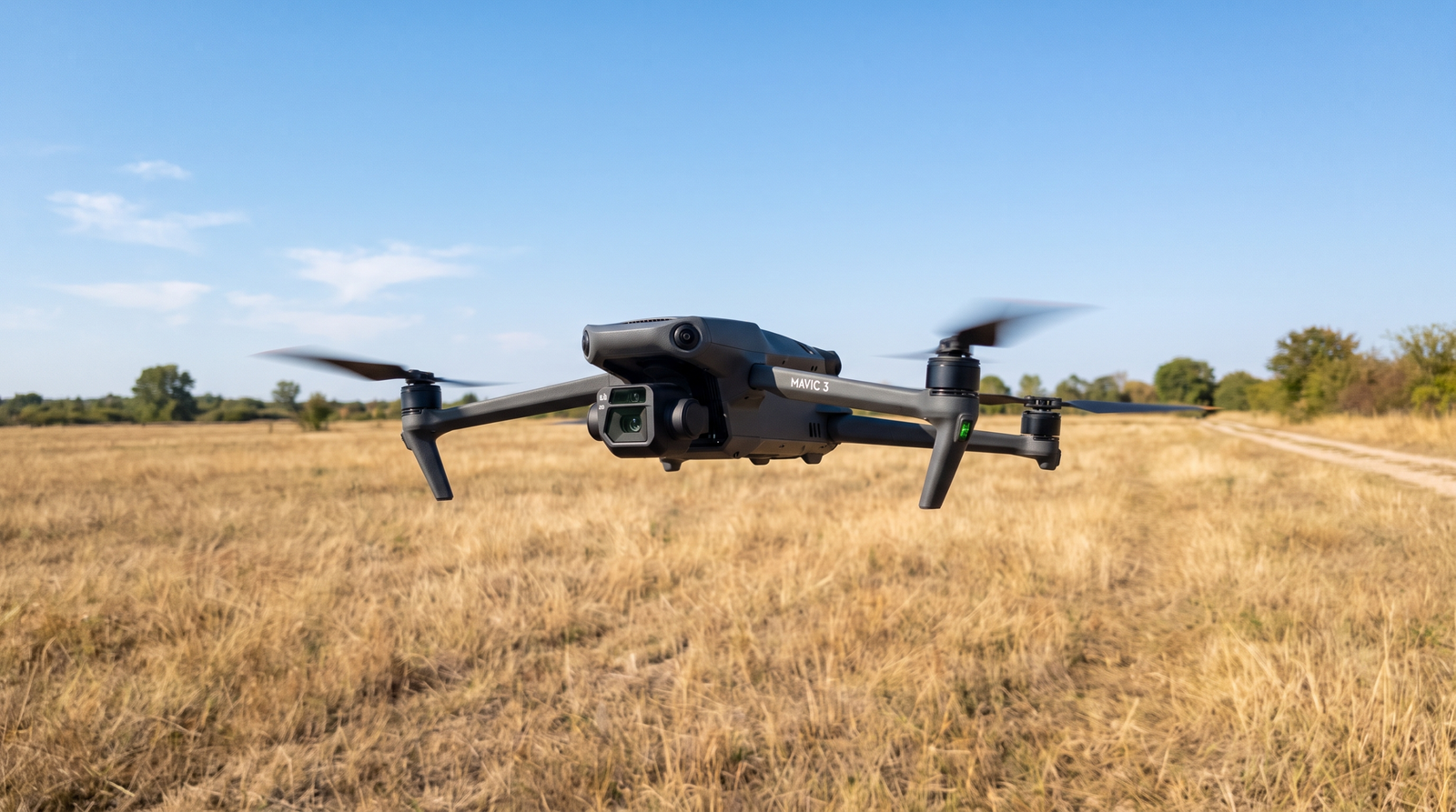 Drone DJI-style em voo real ao ar livre sobre um campo aberto em dia claro
