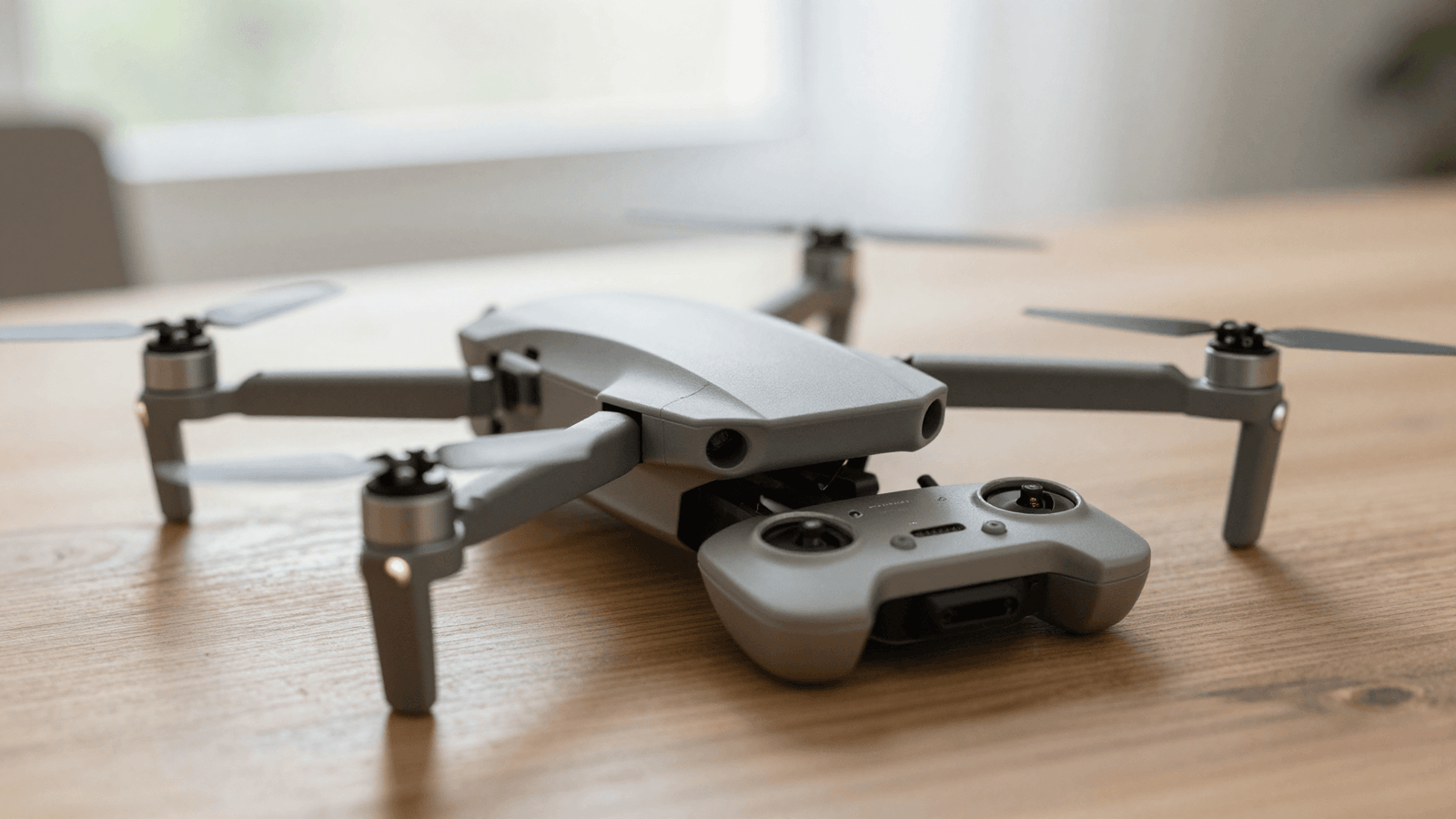 Drone mini dobrável e seu controle sobre a mesa, prontos para registro e voo