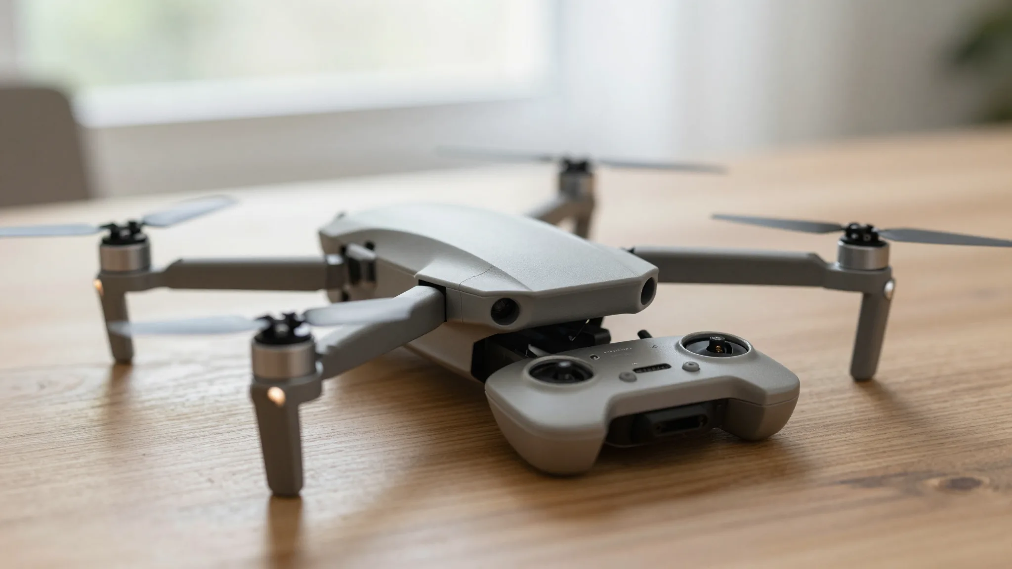 Drone mini dobrável e seu controle sobre a mesa, prontos para registro e voo