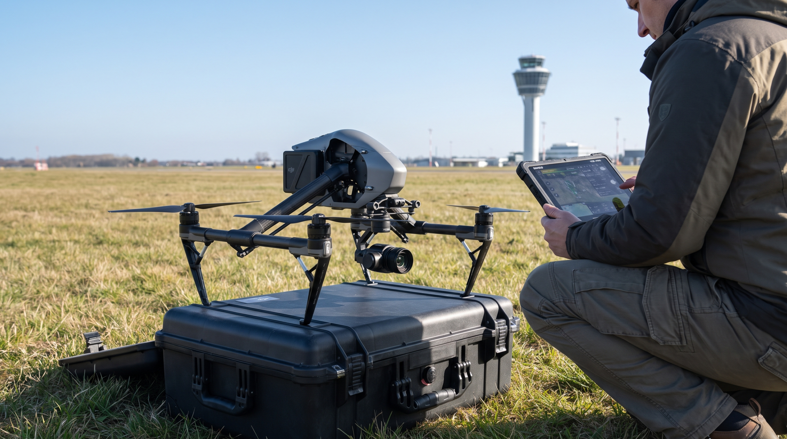 Drone profissional sobre o case em area aberta com a torre de controle de um aeroporto ao fundo