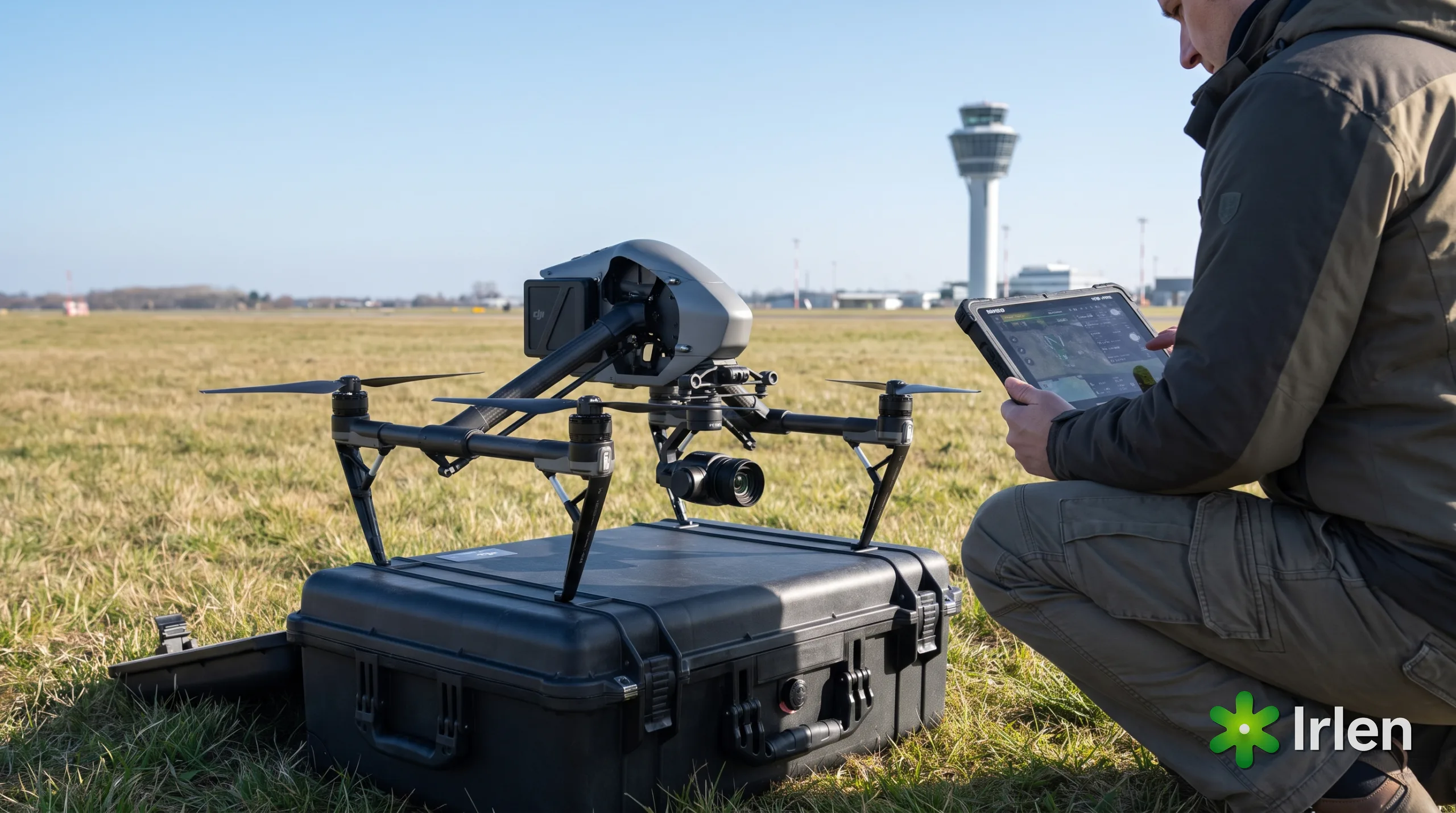 Drone profissional sobre o case em area aberta com a torre de controle de um aeroporto ao fundo