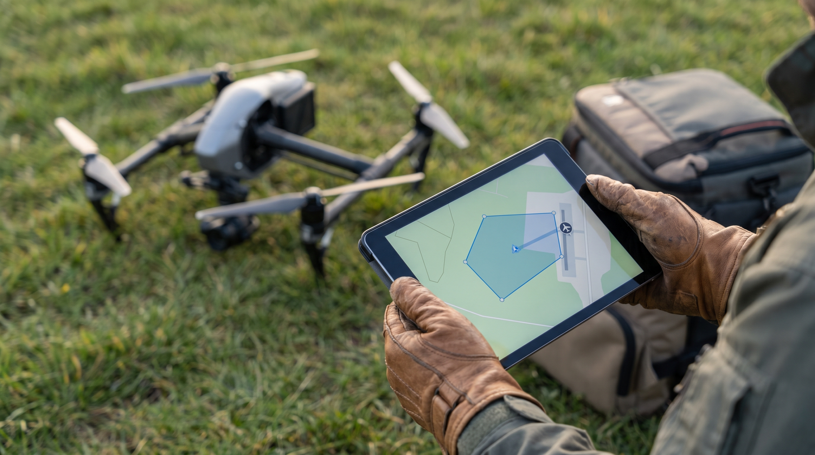 Maos do piloto com um tablet mostrando a area de voo destacada perto de um aeroporto