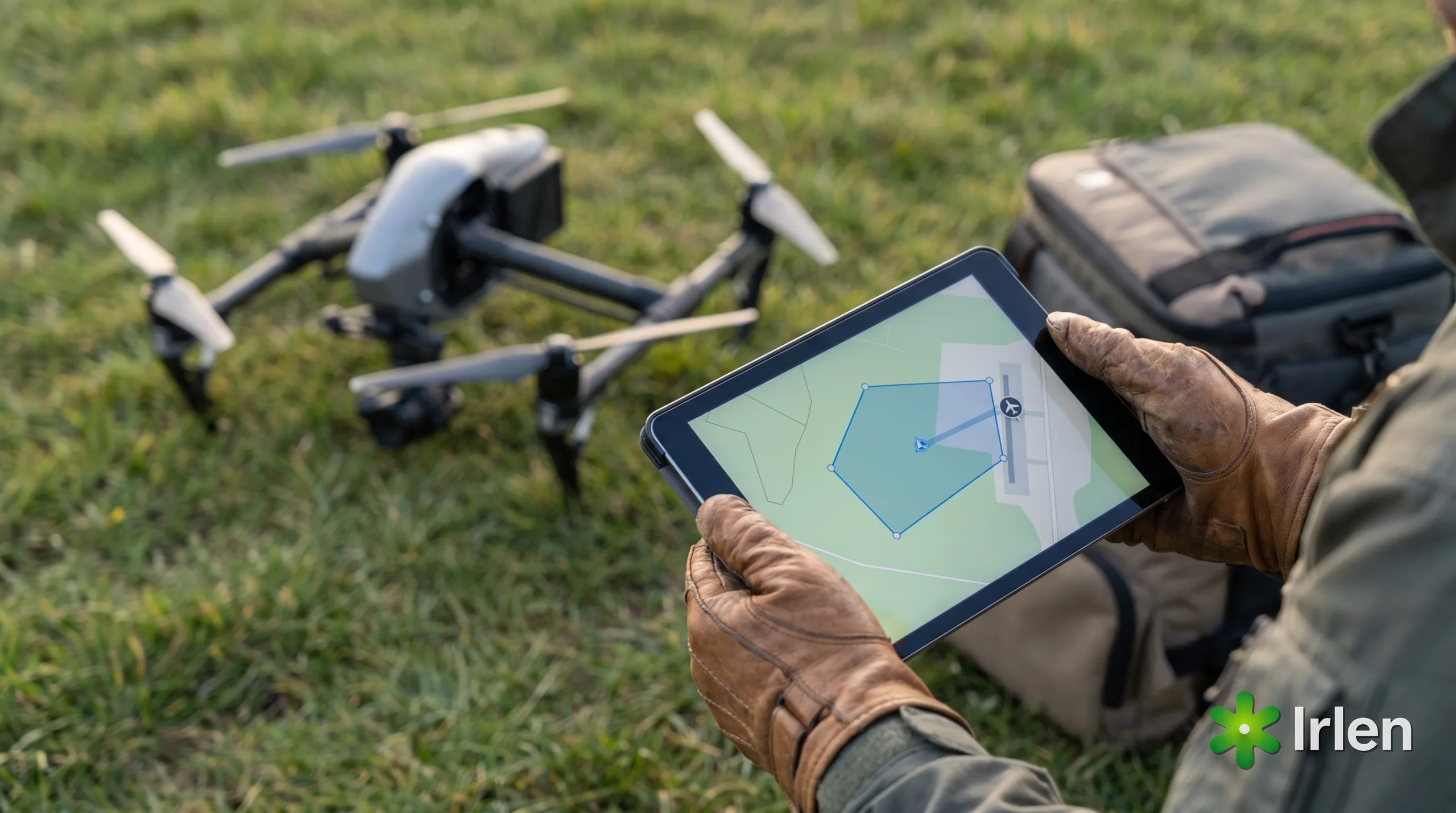 Maos do piloto com um tablet mostrando a area de voo destacada perto de um aeroporto