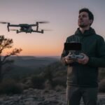 Controle de drone com tela preta no celular e drone DJI ao fundo