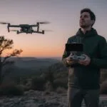 Controle de drone com tela preta no celular e drone DJI ao fundo