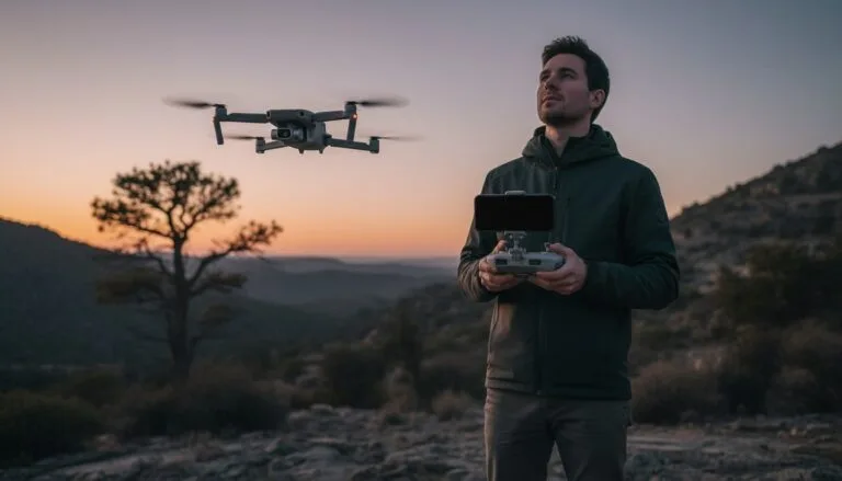 Controle de drone com tela preta no celular e drone DJI ao fundo
