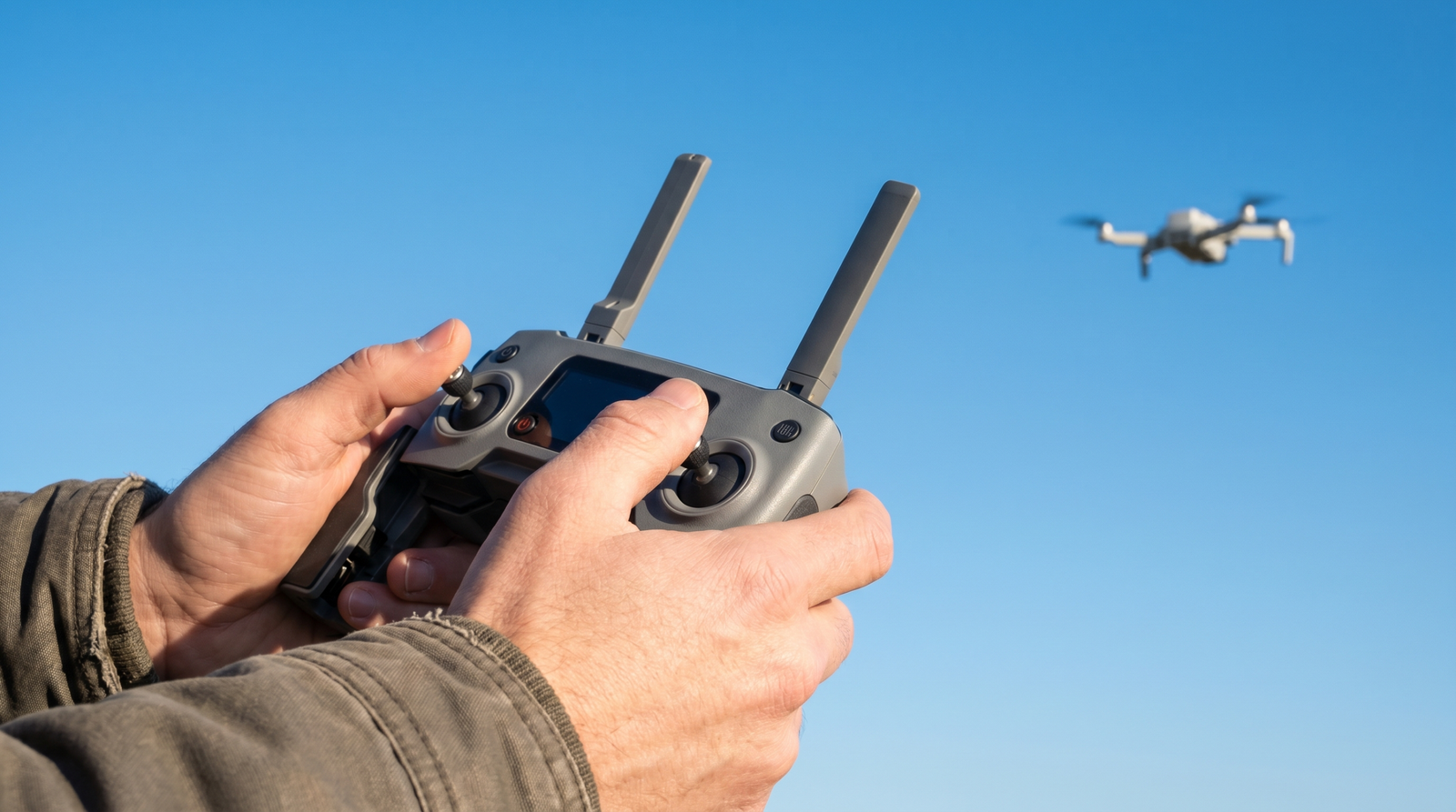 Controle com as duas antenas abertas e anguladas para o drone ao fundo