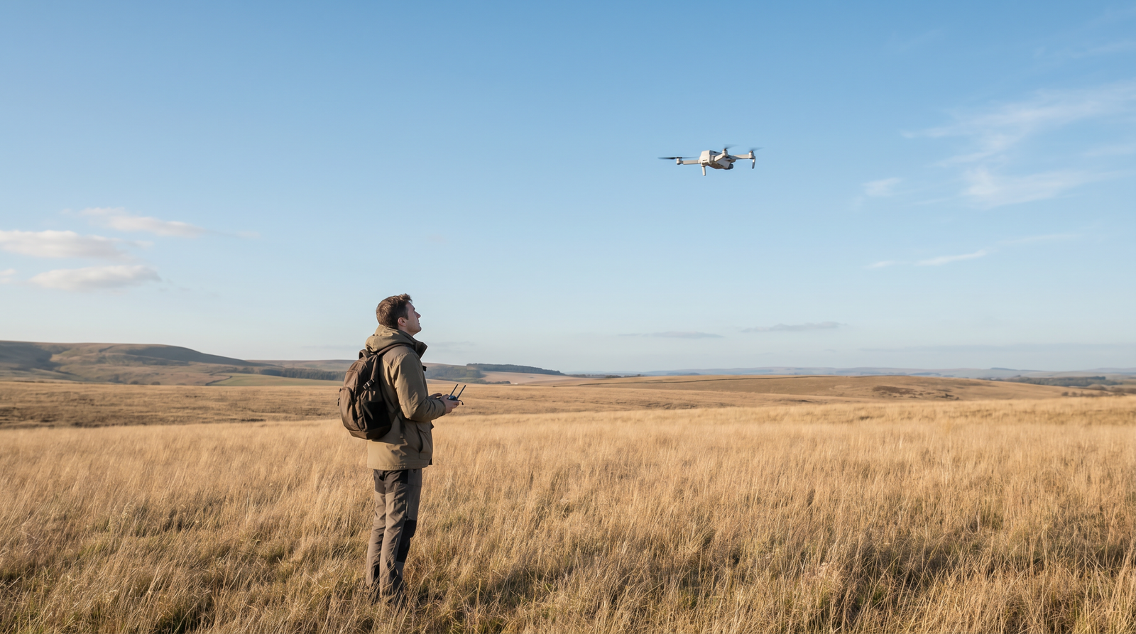 Piloto em campo aberto mantendo o drone a vista, longe de predios