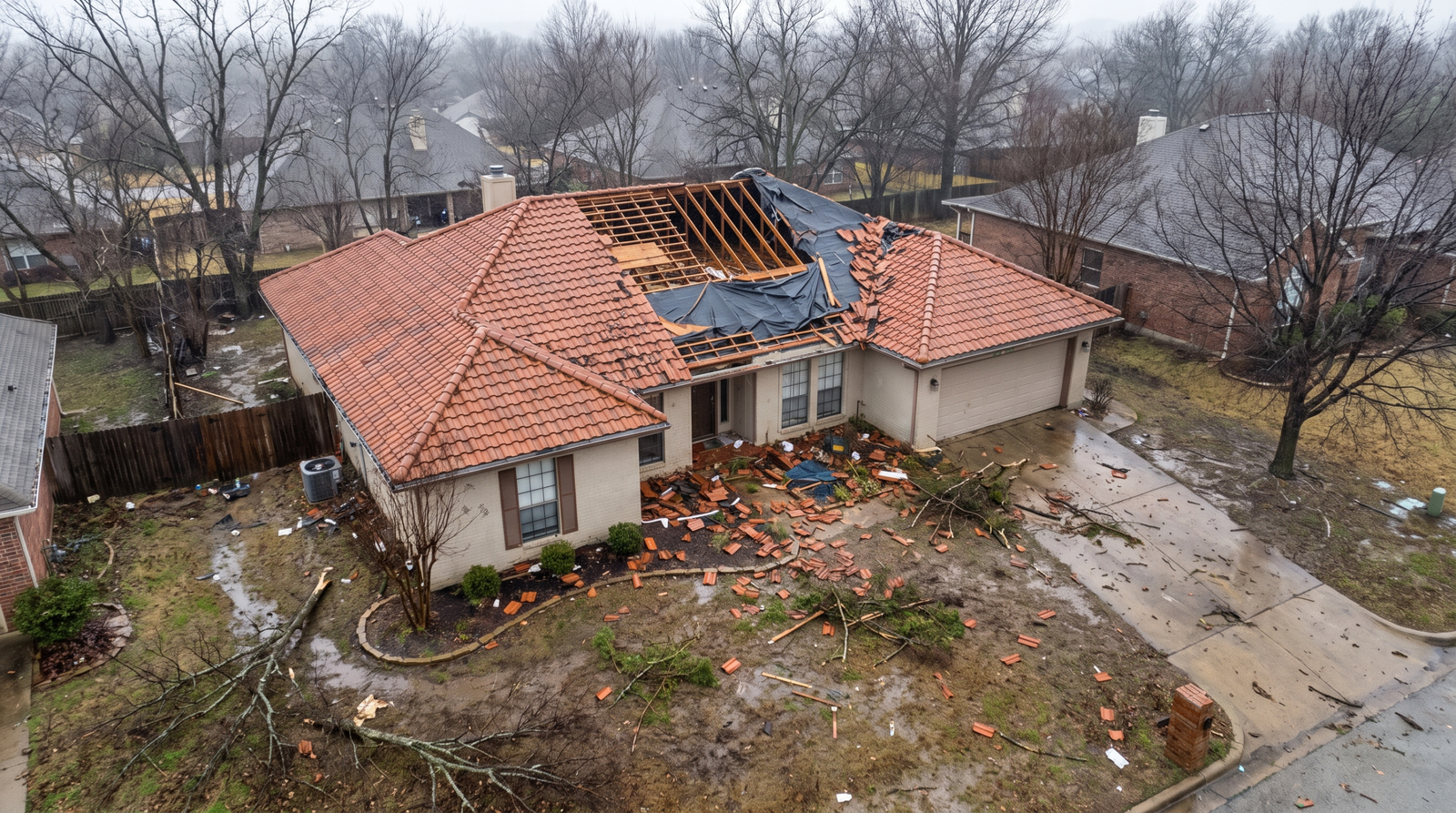 Foto aerea de um telhado residencial danificado por tempestade com telhas faltando