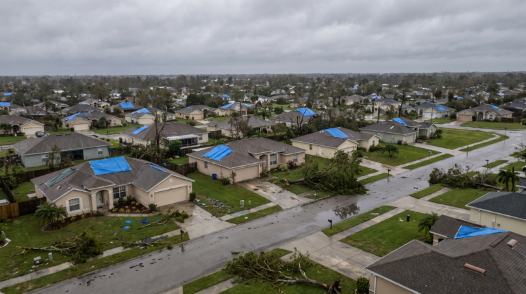 Vista aerea de um bairro residencial apos uma tempestade com telhados danificados